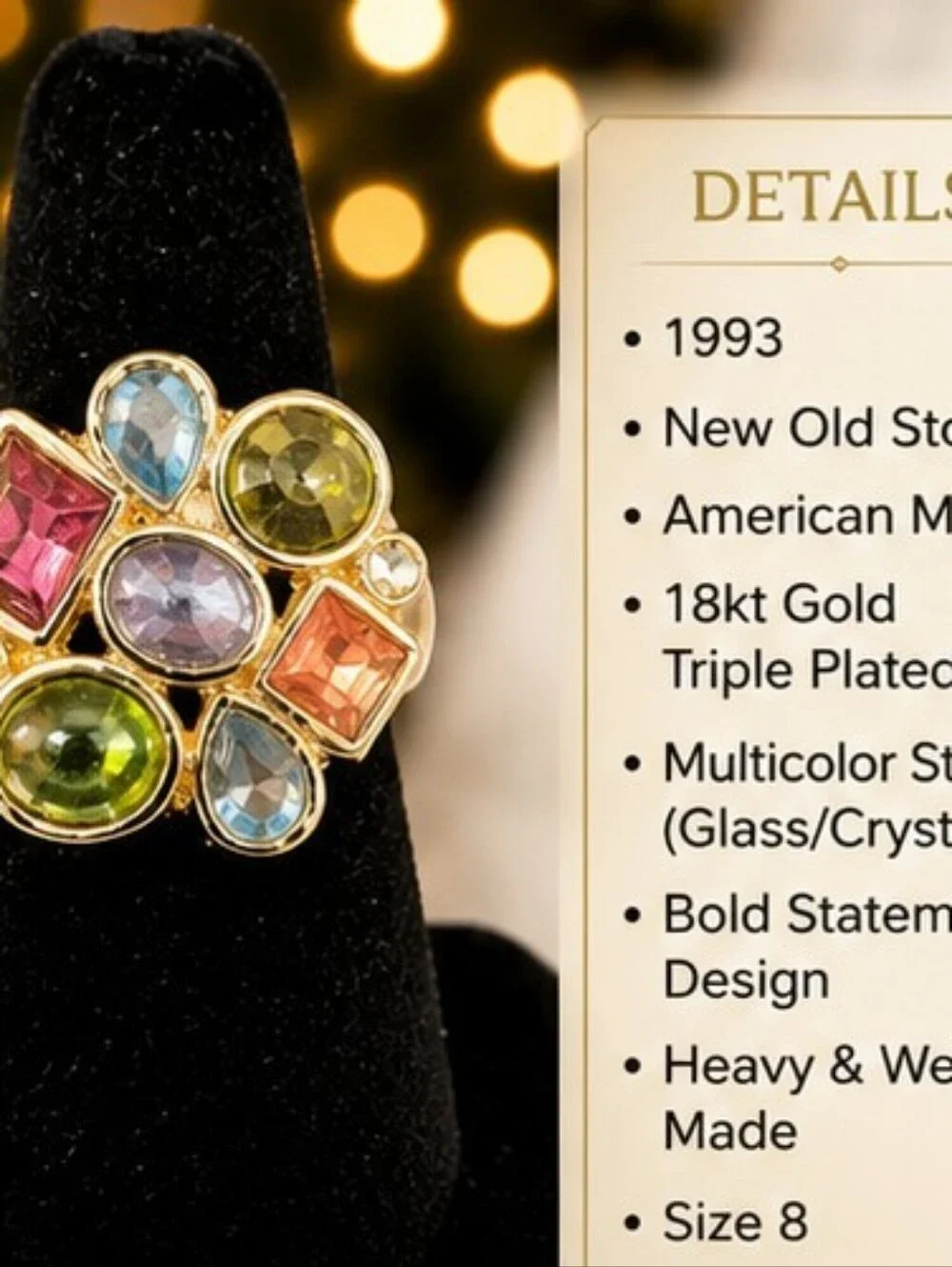 Vintage 1993 Multicolor Statement Cocktail Ring 18K Gold Triple Plated Size 8